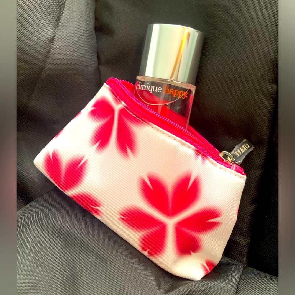 Clinique Happy with pink and white cosmetics bag